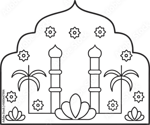Simple line drawing of a taj mahalinspired archway with floral and palm tree elements, creating a symmetrical design