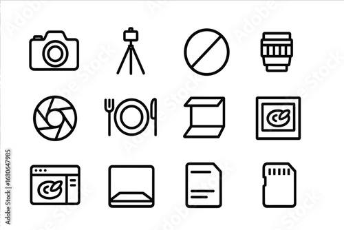 Food Photography Icons. Outline icon set of food photography: camera, tripod, reflector, lens, aperture,
