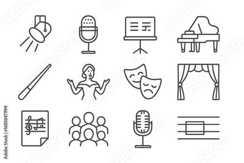 Classical Singing Icons. Outline icon set of classical singing performance: spotlight, microphone, music stand