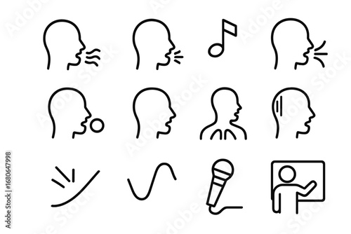 Singing Technique Icons. Outline icon set of singing techniques: vibrato, breath control, pitch, resonance,