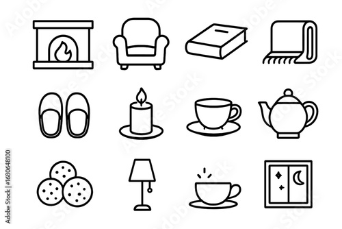 Cozy Tea Icons. Outline icon set of cozy tea moments: fireplace, comfy chair, book, blanket, slippers, candle,