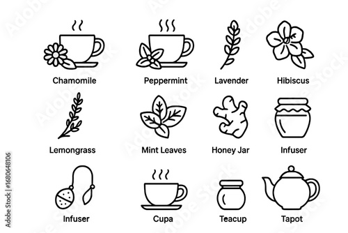Herbal Tea Icons Set. Outline icon set of herbal teas: chamomile, peppermint, hibiscus, rooibos, lavender,