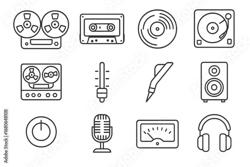Analog Audio Icons. Outline icon set of analog recording: reel-to-reel tape, cassette, vinyl record, turntable