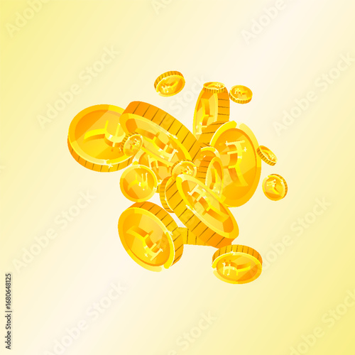 Indian rupee coins falling. Scattered gold INR
