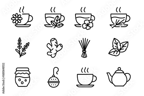 Herbal Tea Icons Set. Outline icon set of herbal teas: chamomile, peppermint, hibiscus, rooibos, lavender,
