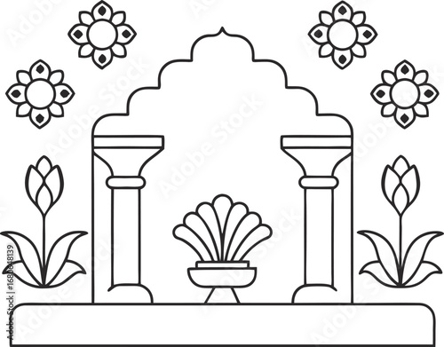 A captivating black and white line art illustration of a traditional indian temple structure, , showcasing intricate floral designs