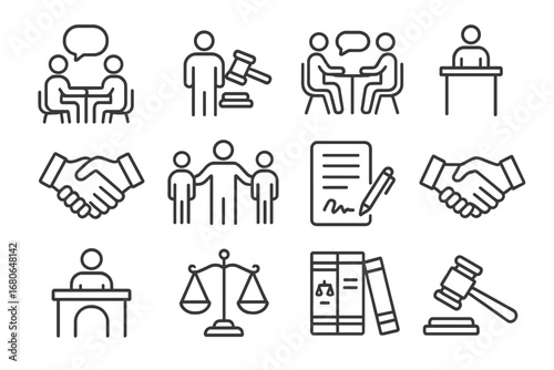 Dispute Resolution Icons. Outline icon set of dispute resolution methods: mediation, arbitration, negotiation,