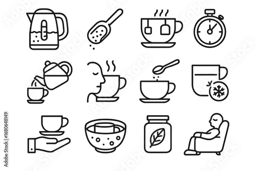 Tea Brewing Icons. Outline icon set of tea brewing steps: boiling water, measuring tea, steeping, timing,