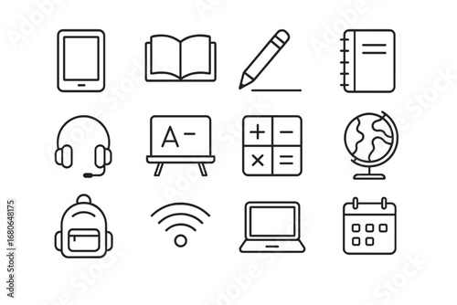 Travel Study Icons. Outline icon set of homeschooling on the road: tablet, open book, pencil, notebook,