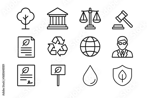 Environmental Law Icons. Outline icon set of environmental law and regulations: tree, courthouse, scales,