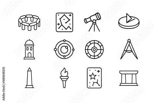 Ancient Observatory Icons. Outline icon set of ancient observatories: stone circle, starmap, telescope,