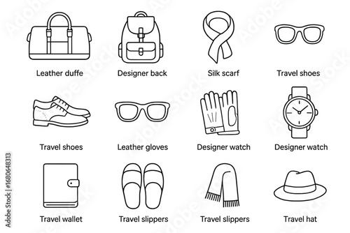 Travel Accessories Icons. Outline icon set of stylish travel accessories collection: leather duffle bag,