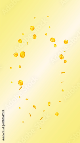 Japanese yen coins falling. Scattered gold JPY