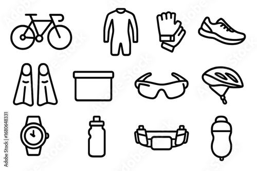 Triathlon Gear Icons. Outline icon set of triathlon gear: road bike, wetsuit, cycling gloves, running shoes,