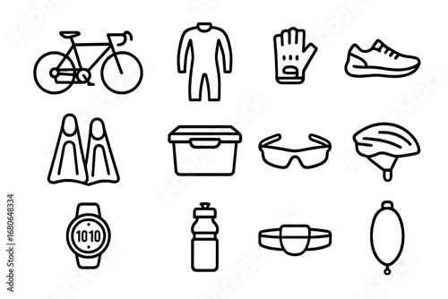 Triathlon Gear Icons. Outline icon set of triathlon gear: road bike, wetsuit, cycling gloves, running shoes,