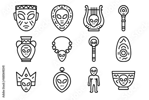 Alien Relics Icons. Outline icon set of extraterrestrial cultural relics: mask, shield, musical instrument,