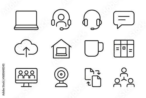 Remote Work Icons. Outline icon set of remote work: laptop, video call, headset, chat bubble, cloud storage,