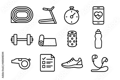 Marathon Preparation Icons. Outline icon set of marathon preparation: running track, treadmill, stopwatch,