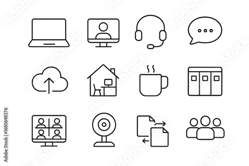 Remote Work Icons. Outline icon set of remote work: laptop, video call, headset, chat bubble, cloud storage,
