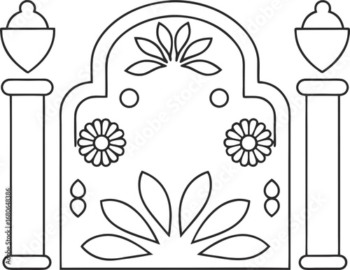 Elegant architectural design with floral accents, featuring symmetrical columns and a central archway, for versatile use