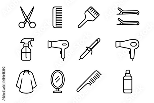 Hairstylist Essentials Icons. Outline icon set of hairstylist essentials: scissors, comb, brush, clips, spray