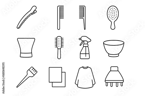 Hairdressing Icon Set. Outline icon set of hairdressing accessories: hair sectioning clip, cutting comb, tail