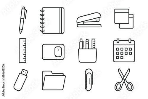 Office Supplies Icons. Outline icon set of branded office supplies: pen, notebook, stapler, sticky notes,