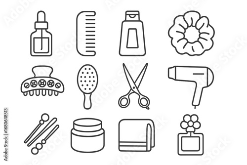 Luxury Haircare Icons. Outline icon set of luxury haircare products: gold-capped serum, designer comb, premium