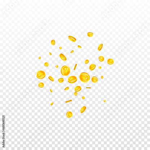 Chinese yuan coins falling. Scattered gold CNY