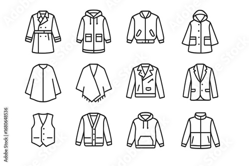 Seasonal Outerwear Icons. Outline icon set of seasonal outerwear: trench coat, parka, bomber jacket, raincoat,