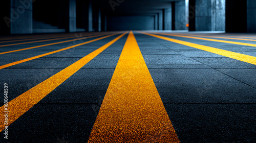 Wallpaper Mural Empty underground parking garage with bold yellow lines on dark asphalt, dramatic lighting creating contrast and leading lines into the distance Torontodigital.ca