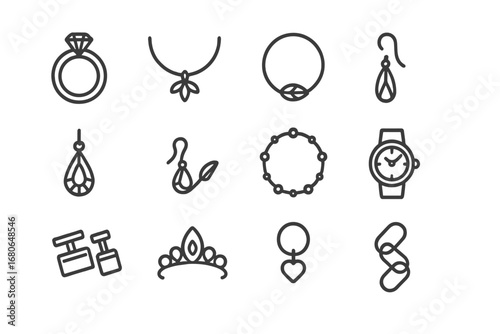 Seasonal Jewelry Icons. Outline icon set of seasonal jewelry collections: ring, necklace, bracelet, earring,