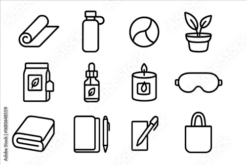 Wellness Corporate Gift Icons. Outline icon set of wellness corporate gifts: yoga mat, water bottle, stress