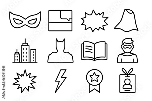 Comic Culture Icons. Outline icon set of comic culture: superhero mask, comic panel, action word bubble, cape,