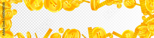 Bitcoin coins falling. Cryptocurrency scattered