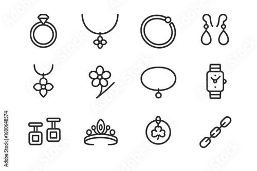 Seasonal Jewelry Icons. Outline icon set of seasonal jewelry collections: ring, necklace, bracelet, earring,