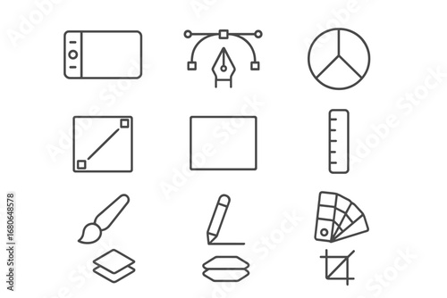 Digital Art Tools. Outline icon set of modern illustration: graphic tablet, stylus pen, vector icon, color
