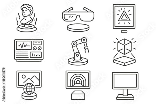 Futuristic Icon Grid. Outline icon set of futuristic digital galleries: hologram sculpture, AR glasses, neon
