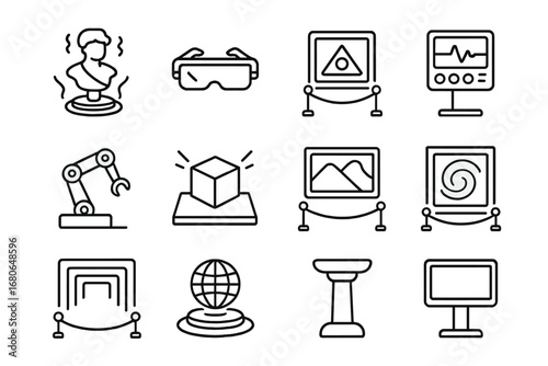 Futuristic Icon Grid. Outline icon set of futuristic digital galleries: hologram sculpture, AR glasses, neon