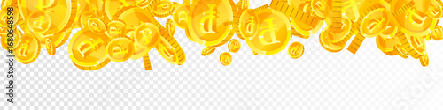 Russian ruble coins falling. Scattered gold RUB
