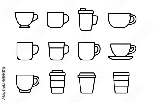 Tea Cup Icons. Outline icon set of tea cups and mugs: porcelain cup, glass cup, travel mug, clay cup, ceramic