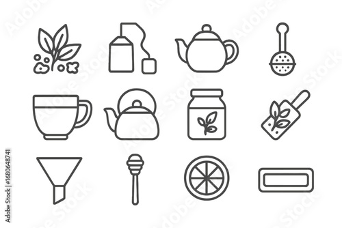 Herbal Tea Icon Set. Outline icon set of herbal tea preparation: dried herbs, tea sachet, teapot, infuser,