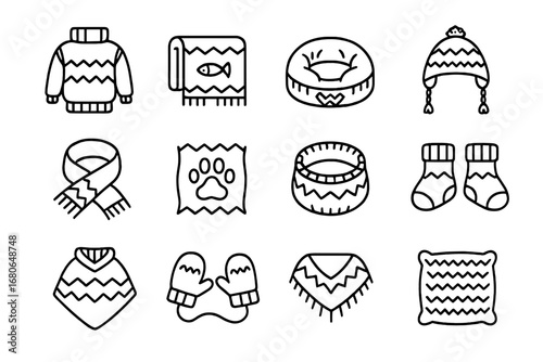 Pet Knitwear Icons. Outline icon set of pet knitwear: dog sweater, cat blanket, pet bed cover, dog hat, cat