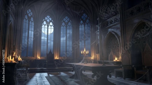 Dramatic Gothic Interior with Arched Windows and Candlelight. Seamless looping time-lapse animation video background