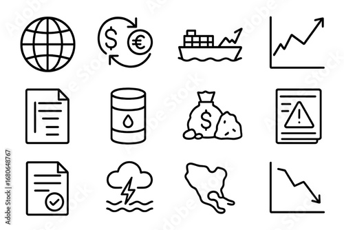 Global Investment Risks Icons. Outline icon set of global investment risks: globe, currency exchange arrows,