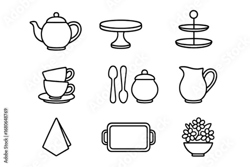 Tea Party Icons. Outline icon set of tea party essentials: teapot, cake stand, tiered tray, teacups, saucers,