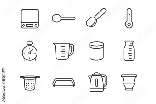 Tea Brewing Tools. Outline icon set of tea brewing measurement tools: digital scale, measuring spoon, tea