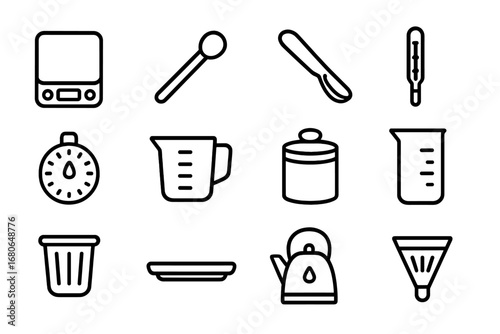 Tea Brewing Tools. Outline icon set of tea brewing measurement tools: digital scale, measuring spoon, tea