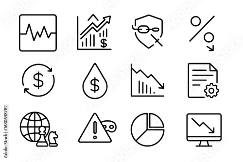Investment Risk Icons. Outline icon set of investment risk types: volatility icon, inflation symbol, credit