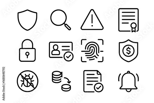Investment Fraud Prevention Icons. Outline icon set of investment fraud prevention: shield, magnifying glass,